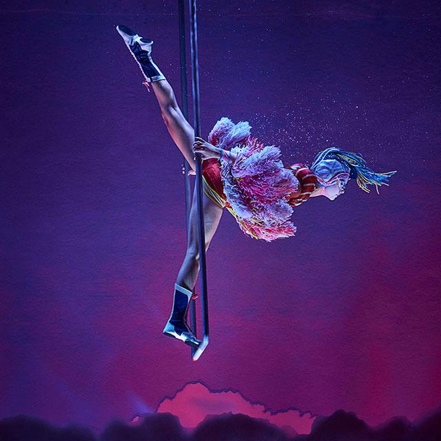 Cirque du Soleil aerial pole performer spins and balances upside down in a colorful costume under purple stage lighting.