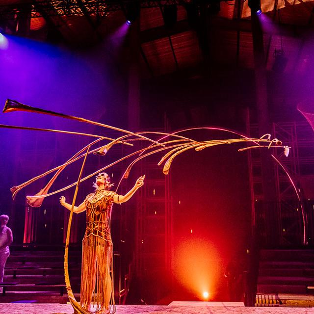 Cirque du Soleil performer in a golden costume spins long flowing ribbons during a dynamic stage performance.