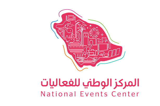 Logo coloré de Jeddah Events en arabe et en anglais faisant la promotion d'activités culturelles et de divertissement tout au long de l'année.